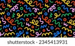 Fun colorful line doodle seamless pattern. Creative minimalist style art background for children or trendy design with basic shapes. Simple party confetti texture, childish scribble shape backdrop.