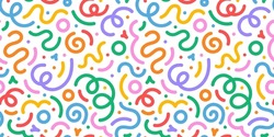 Fun Colorful Line Doodle Seamless Pattern. Creative Minimalist Style Art Background For Children Or Trendy Design With Basic Shapes. Simple Party Confetti Texture, Childish Scribble Shape Backdrop.