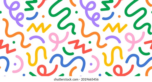 Fun colorful line doodle seamless pattern  Creative minimalist style art background for children trendy design and basic shapes  Simple childish scribble backdrop 