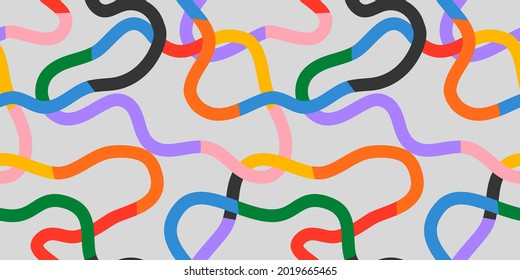 Fun colorful line doodle seamless pattern. Creative minimalist style art background for children or trendy design with basic shapes. Simple childish scribble backdrop.