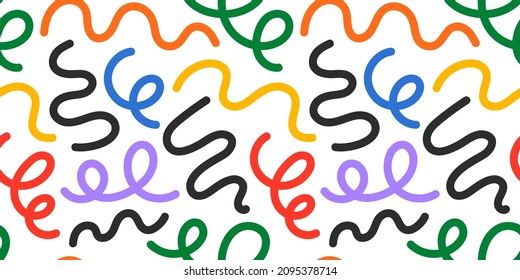 Fun colorful line doodle seamless pattern. Creative minimalist style art background for children or trendy design with basic shapes. Simple childish scribble backdrop.