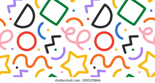 Fun colorful line doodle seamless pattern. Creative minimalist style art background for children or trendy design with basic shapes. Simple childish scribble backdrop.