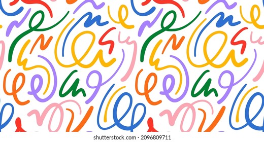 Fun colorful line doodle seamless pattern. Creative minimalist style art background for children or trendy design with basic shapes. Simple childish scribble backdrop. - Shutterstock ID 2096809711
