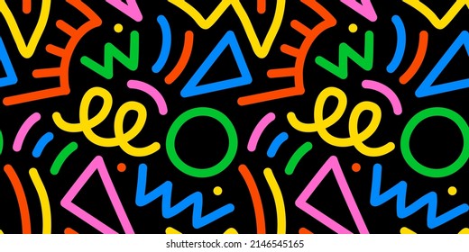Fun colorful line doodle seamless pattern. Creative minimalist style art background for children or trendy design with basic shapes. Simple childish scribble backdrop.