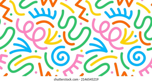 Fun colorful line doodle seamless pattern. Creative minimalist style art background for children or trendy design with basic shapes. Simple childish scribble backdrop.