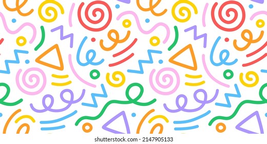 Fun colorful line doodle seamless pattern. Creative minimalist style art background for children or trendy design with basic shapes. Simple childish scribble backdrop.