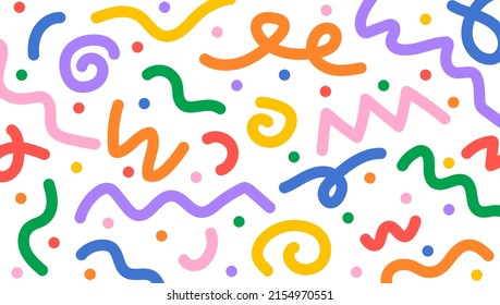 Fun colorful line doodle seamless pattern. Creative minimalist style art abstract background with bright cute elements. Simple childish scribble backdrop. Colorful swirls, circles, lines.