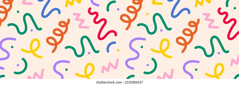 Fun colorful line doodle seamless pattern. Simple upbeat childish drawing scribble decoration.