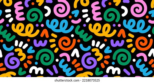 Fun colorful line doodle seamless pattern. Creative minimalist style art background for children or trendy design with basic shapes. Simple childish scribble backdrop.