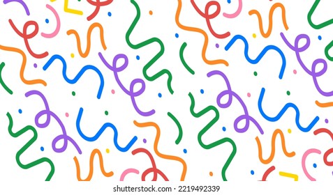 Fun Colorful Line Doodle Seamless Pattern Minimalist Style Art Background for Children with Basic Shapes. Simple Childish Scribble Backdrop