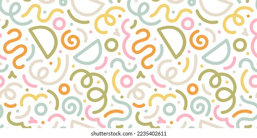 Fun colorful line doodle seamless pattern. Creative minimalist style art background for children or trendy design with basic shapes. Simple childish scribble backdrop.