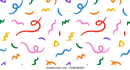 Fun colorful line doodle seamless pattern. Creative minimalist style art background for children or trendy design with basic shapes. Simple childish scribble backdrop.