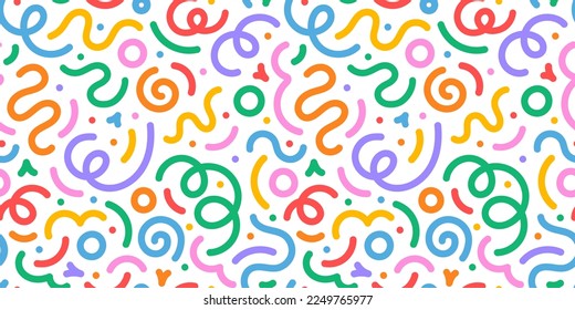 Fun colorful line doodle seamless pattern  Creative minimalist style art background for children trendy design and basic shapes  Simple party confetti texture  childish scribble shape backdrop 