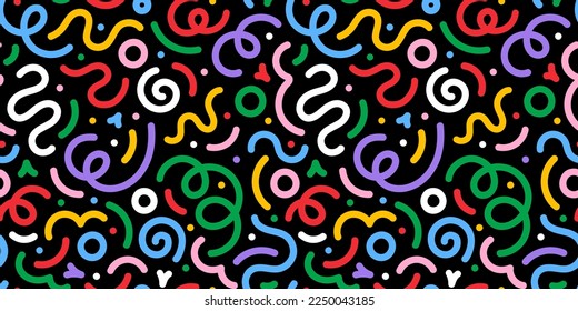 Fun colorful line doodle seamless pattern. Creative minimalist style art background for children or trendy design with basic shapes. Simple party confetti texture, childish scribble shape backdrop.