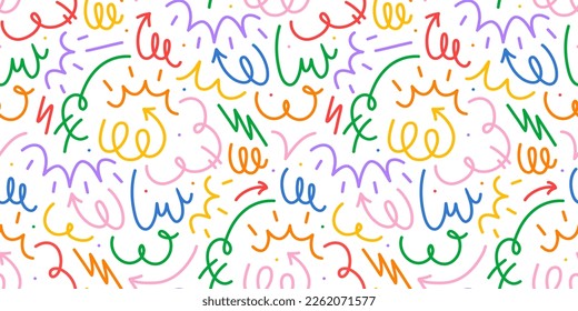 Fun colorful line doodle seamless pattern. Creative abstract style art symbol background for children or celebration design with basic shapes. Simple childish scribble wallpaper print.