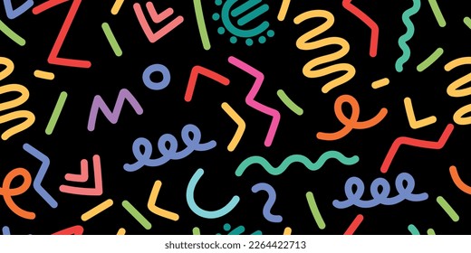 Fun colorful line doodle seamless pattern. Creative minimalist style art background for children or trendy design with basic shapes. Simple childish scribble backdrop.