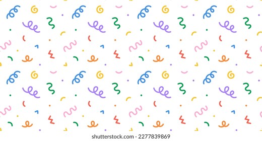 Fun colorful line doodle seamless pattern. Creative minimalist style art background for children or trendy design with basic shapes. Simple party confetti texture, childish scribble shape backdrop.