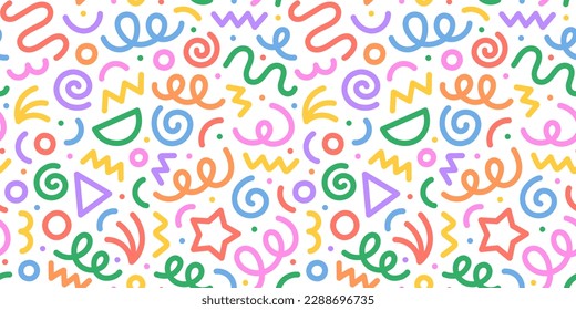 Fun colorful line doodle seamless pattern. Creative minimalist style art background for children or trendy design with basic shapes. Simple party confetti texture, childish scribble shape backdrop.