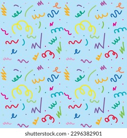 Fun colorful line doodle seamless pattern. Creative minimalist style art background for children or trendy design with basic shapes. Simple childish scribble backdrop. Fun colorful line doodle shape