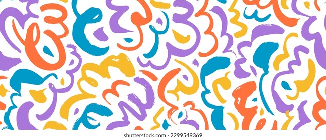 Fun colorful line doodle seamless pattern. Scribbles and squiggles. Modern abstract color childish background. Creative abstract wavy and curly lines, swirls, spirals. Childish squiggle wallpaper.