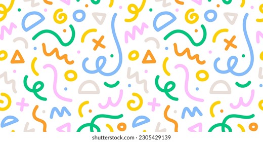 Fun colorful line doodle seamless pattern. Creative minimalist style art background for children or trendy design with basic shapes. Simple childish scribble backdrop.