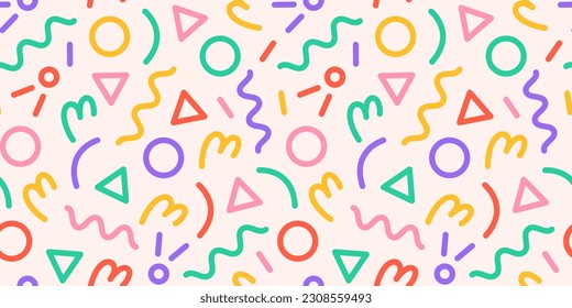 Fun colorful line doodle seamless pattern. Creative minimalist style art background for children or trendy design with basic shapes. Simple party confetti texture, childish scribble shape backdrop.