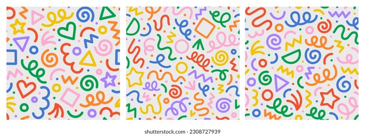 Fun colorful line doodle seamless pattern. Creative minimalist style art background for children or trendy design with basic shapes. Simple childish scribble backdrop.