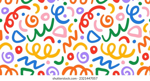 Fun colorful line doodle seamless pattern. Creative minimalist style art background for children or trendy design with basic shapes. Simple party confetti texture, childish scribble shape backdrop.