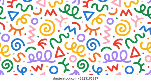 Fun colorful line doodle seamless pattern. Creative minimalist style art background for children or trendy design with basic shapes. Simple childish scribble backdrop.