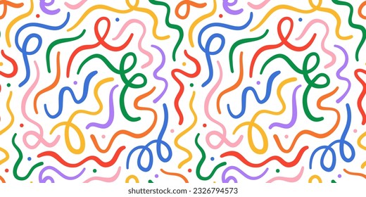 Divertido doodle de línea colorido patrón sin fisuras. Un estilo de arte creativo y minimalista para los niños o un diseño moderno con formas básicas. Sencilla textura de confeti de fiesta, fondo de forma de garabato infantil.