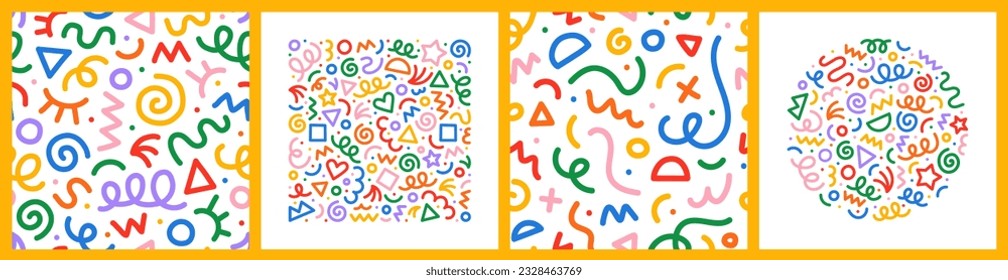 Fun colorful line doodle seamless pattern. Creative minimalist style art background for children or trendy design with basic shapes. Simple childish scribble backdrop.	
