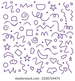 Fun colorful line doodle seamless pattern. Creative minimalist style art background for children or trendy design with basic shapes. Simple party confetti texture, childish scribble shape backdrop.