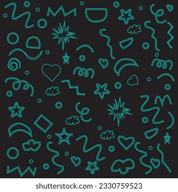 Fun colorful line doodle seamless pattern. Creative minimalist style art background for children or trendy design with basic shapes. Simple party confetti texture, childish scribble shape backdrop.
