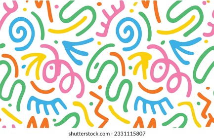 Fun colorful line doodle seamless pattern. Creative minimalist style art background for children or trendy design with basic shapes. Simple childish scribble backdrop.