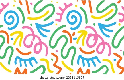 Fun colorful line doodle seamless pattern. Creative minimalist style art background for children or trendy design with basic shapes. Simple childish scribble backdrop.