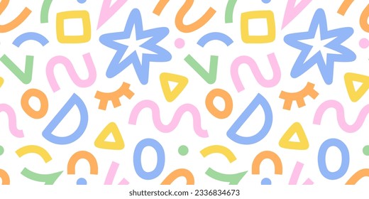 Fun colorful line doodle seamless pattern. Creative minimalist style art background for children or trendy design with basic shapes. Simple childish scribble backdrop.