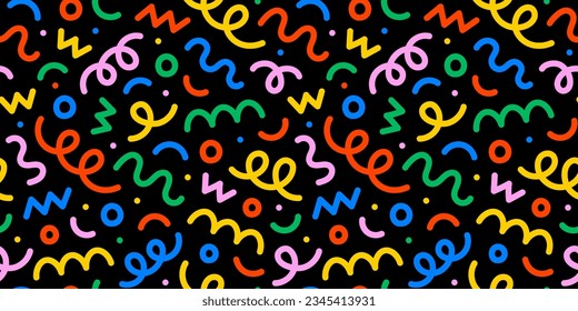 Fun colorful line doodle seamless pattern. Creative minimalist style art background for children or trendy design with basic shapes. Simple party confetti texture, childish scribble shape backdrop.