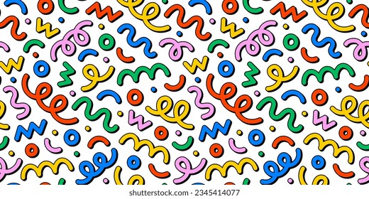 Fun colorful line doodle seamless pattern. Creative minimalist style art background for children or trendy design with basic shapes. Simple party confetti texture, childish scribble shape backdrop.