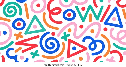 Fun colorful line doodle seamless pattern. Creative minimalist style art background for children or trendy design with basic shapes. Simple party confetti texture, childish scribble shape backdrop.