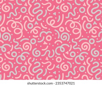 Fun colorful line doodle seamless pattern. Creative minimalist style art background for children or trendy design with basic shapes. Simple childish scribble backdrop.