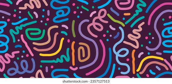 Fun colorful line doodle seamless pattern for kids birthday party or celebration background, trendy design with scribble shapes on purple backdrop.