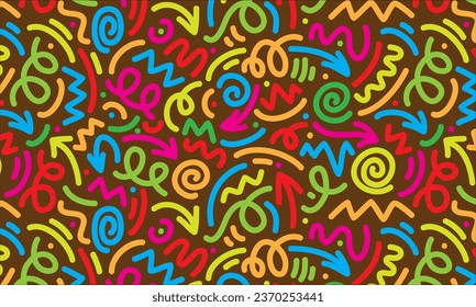 fun colorful line doodle seamless pattern. Creative abstract art background collection for children or festive celebration design. Simple childish scribble wallpaper print texture bundle.