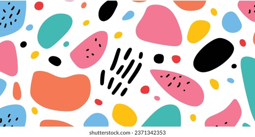 Fun Colorful Line Doodle Seamless Pattern. Creative Minimalist Style Art Background for Children or Trendy Design With Basic Shapes. Simple Childish Scribble Backdrop