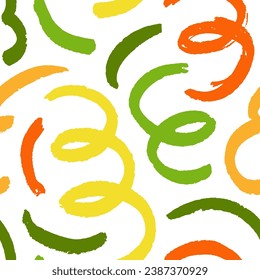 Fun colorful line doodle seamless pattern. Brush drawn squiggles and swirls with loops. Creative minimalist style art pattern for children or trendy design with curly lines. Party confetti texture.