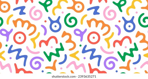 Divertido doodle de línea colorido patrón sin fisuras. Un estilo de arte creativo y minimalista para los niños o un diseño moderno con formas básicas. Sencillo escenario de garrapatas infantiles.