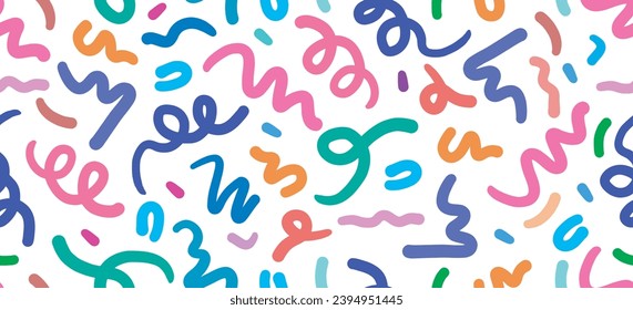 Fun colorful line doodle seamless pattern for kids birthday party or celebration background, trendy design with scribble shapes on blue backdrop.