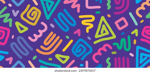 Fun colorful line doodle seamless pattern for kids birthday party or celebration background, trendy design with scribble shapes on blue backdrop.