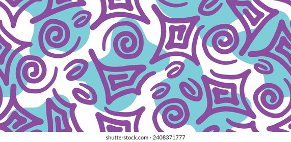 Fun colorful line doodle seamless pattern for kids birthday party or celebration background, trendy design with scribble shapes on blue backdrop.