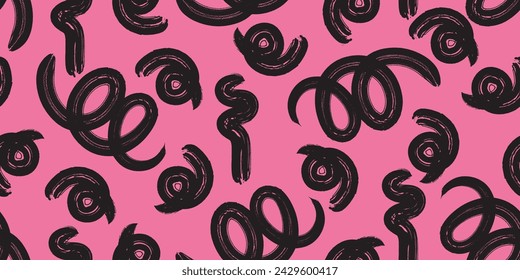 Fun colorful line doodle seamless pattern for kids birthday party or celebration background, trendy design with scribble shapes on black backdrop