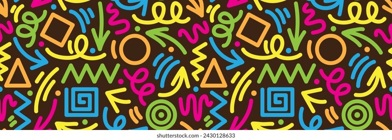 fun colorful line doodle seamless pattern. Creative abstract art background collection for children or festive celebration design. Simple childish scribble wallpaper print texture bundle.